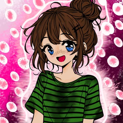 anime girl teenager striped shirt and smile and messy bun