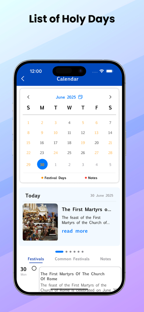 Farsi Bible (Persian Bible) - Farsi Bible app screen displaying a religious calendar and a list of holy days