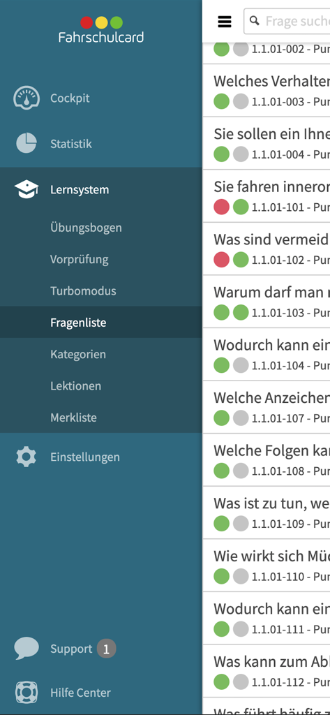 Fahrschulcard - Side navigation menu and question list in the Fahrschulcard driving school exam preparation app.