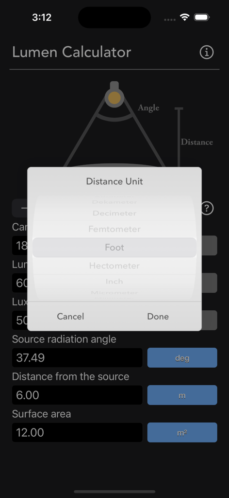 Lumen Calculator - Oberfläche der Lumen Calculator App mit einer Popup-Auswahl zur Auswahl von Entfernungseinheiten wie Fuß und Meter.