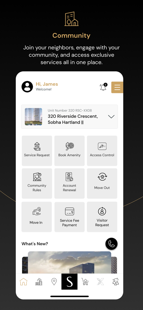 ONE Sobha App - ONE Sobha App Community dashboard displaying property management features and resident services.
