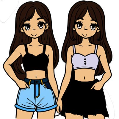 two sisters with crop tops and jean shorts and straight hair