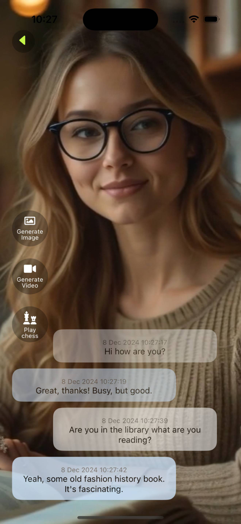 Screenshot of TenderTalk AI app showing a video call with a female AI companion in a library with chat bubbles and interactive features