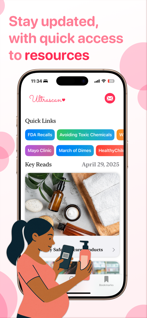 UltraScan - UltraScanアプリに、妊婦向けの健康リソースとクイックリンクが表示されている様子