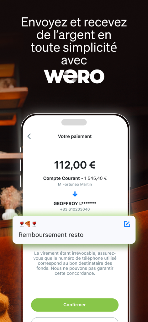 Interfaz de la aplicación del banco Fortuneo que muestra una transferencia de 112 euros a través de Wero para un reembolso de restaurante