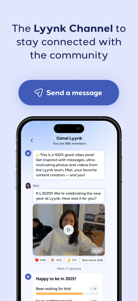 A mobile interface showing the Lyynk Channel community feed with positive messages and a video post