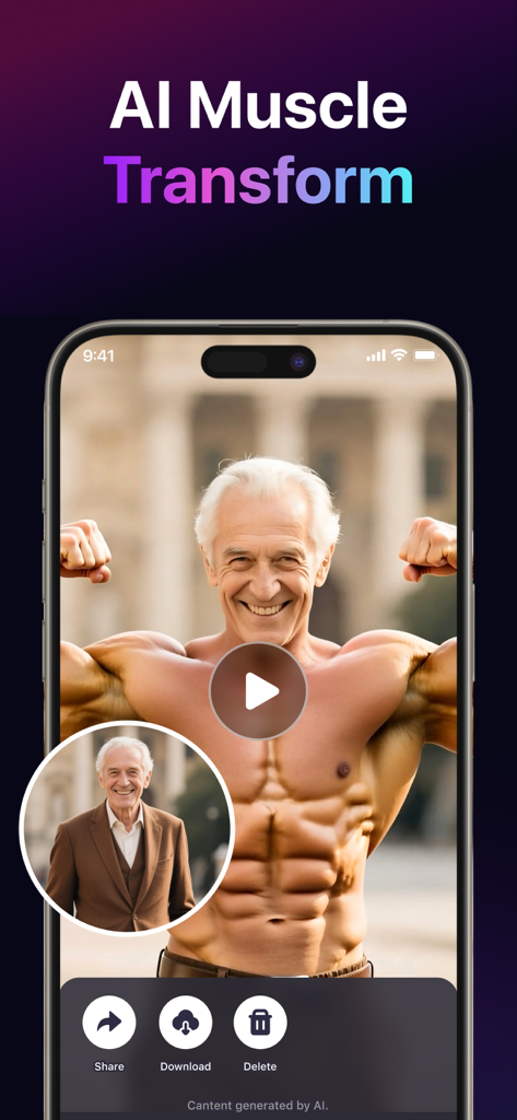 Característica de transformación muscular IA en la aplicación LitVideo mostrando un antes y después de un hombre mayor transformado en un culturista