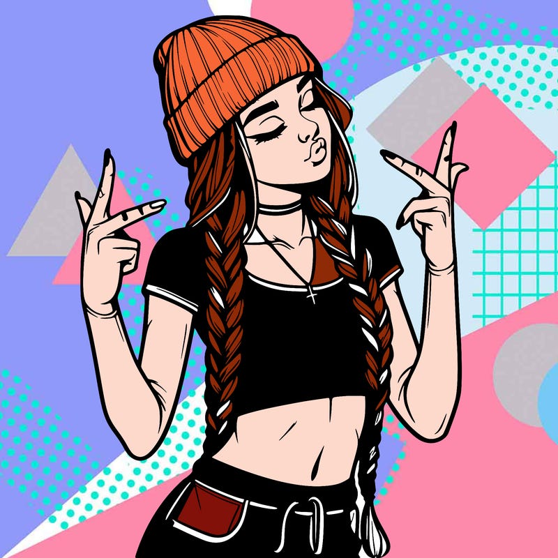 realistic teenage girl with braids and a beanie and crop top doing 🫶🏼