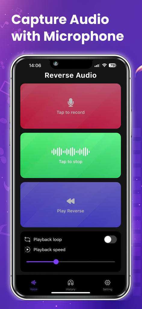 AI Reverse Audio - AI Reverse Audio App-Oberfläche auf einem Mobiltelefon, die den Aufnahmebildschirm mit Schaltflächen zum Aufnehmen und Umdrehen der Wiedergabe zeigt.
