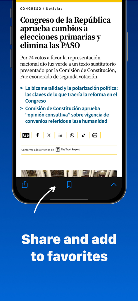 Peruvian Newspapers app interface showing options to share articles and add them to favorites.