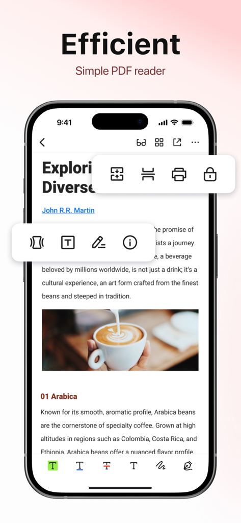 PDF Reader - Editor & Scanner - Interface d'application mobile pour un lecteur et éditeur PDF efficace montrant des outils d'annotation de documents