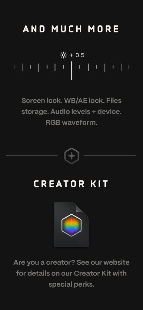 Kino - Pro Video Camera - A screenshot of the Kino app interface highlighting pro tools like RGB waveform and audio levels alongside information about the Creator Kit for filmmakers.