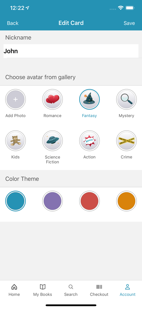 Personalizing a library card profile with custom nicknames and avatars in the CloudLibrary app.