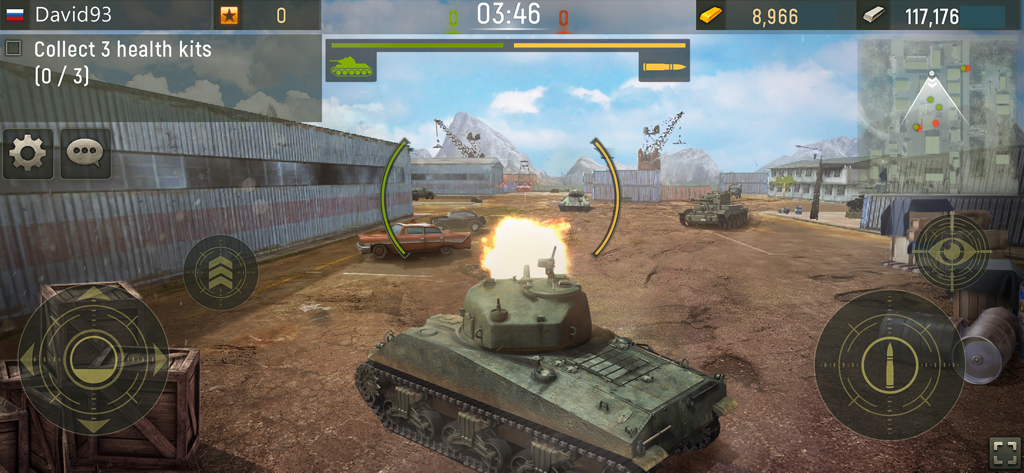 A 3D tank firing its main cannon in an industrial environment during a multiplayer match in Grand Tanks.