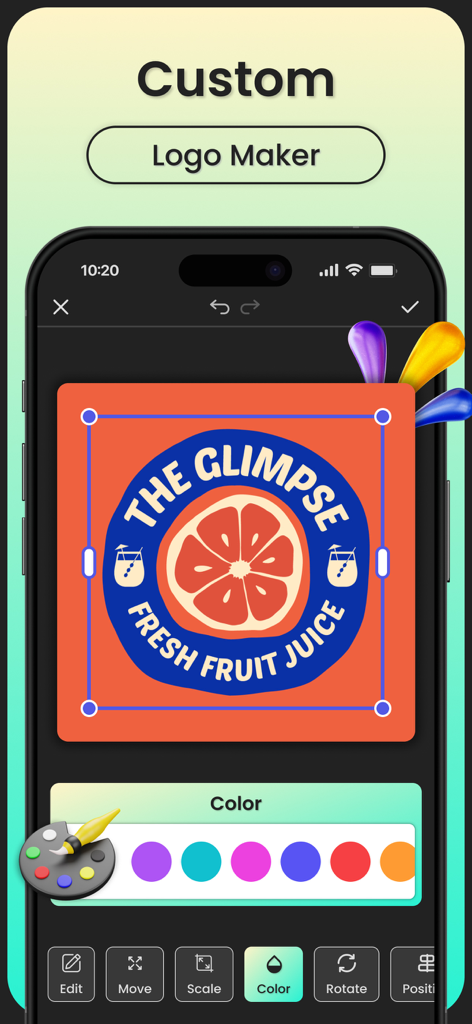 Logo Maker：Logo Design - Uma interface de aplicativo móvel mostrando um logo de suco sendo personalizado com ferramentas de edição coloridas.