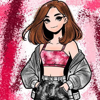 a realistic girl with a crop top and short shorts in an open jacket