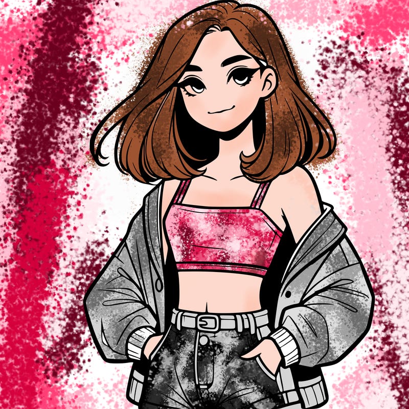 a realistic girl with a crop top and short shorts in an open jacket