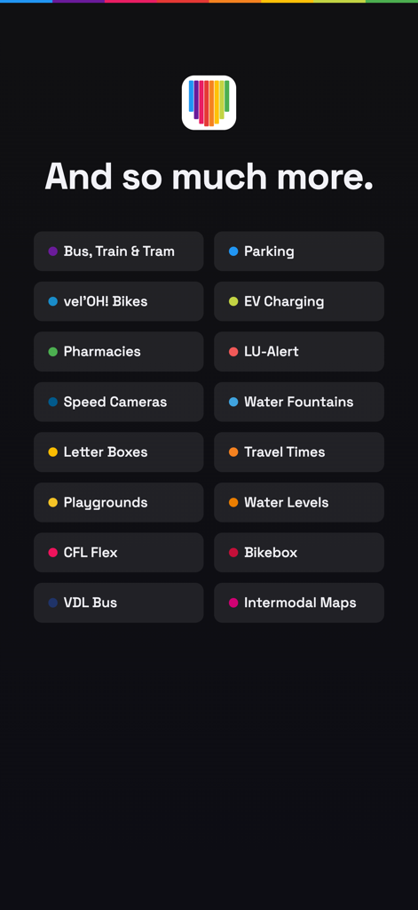 Luxempoche - Un menu de services dans l'application Luxempoche incluant les transports, le stationnement et la recharge des véhicules électriques