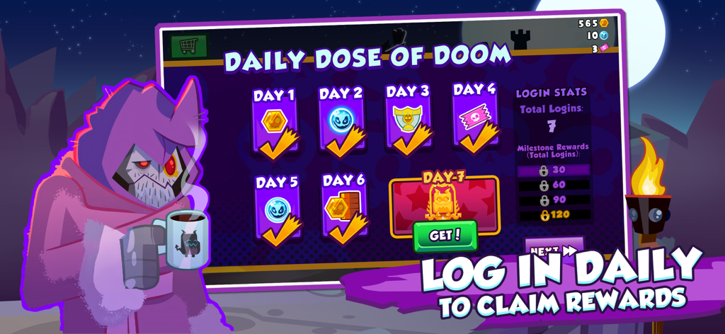 Castle Doombad Daily Dose of Doom login rewards menu showing seven days of claimable items
