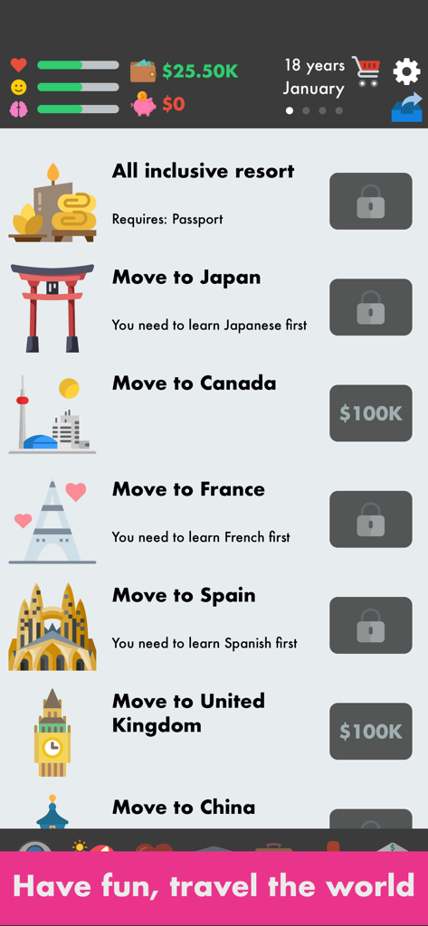 Menú de viajes en El Simulador de Vida mostrando opciones para mudarse a diferentes países como Japón, Canadá y Francia