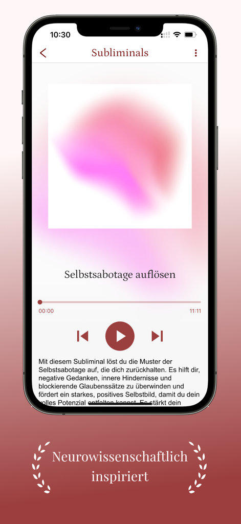 Auramagie: Subliminals+Mantras - Mobile app screen of Auramagie playing a subliminal track for overcoming self sabotage
