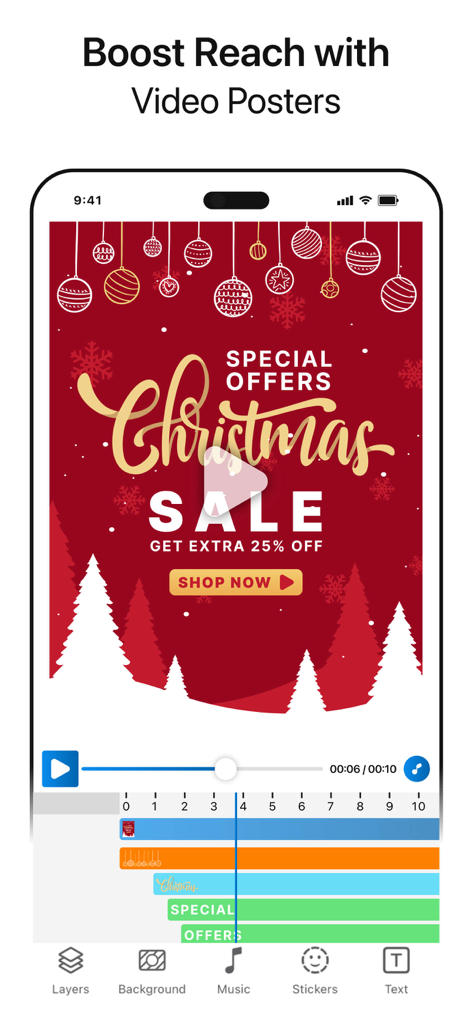 Poster Maker Flyer Maker - Video poster editing interface showing a Christmas Sale flyer with a timeline for layers and music.