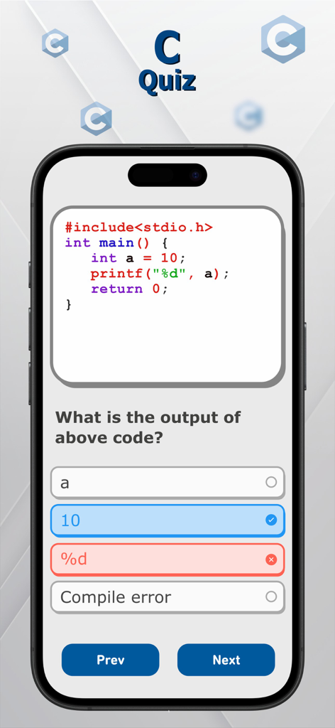 C, C++, C# Quiz - A mobile interface of a C programming quiz showing a code snippet and a multiple-choice question about its output