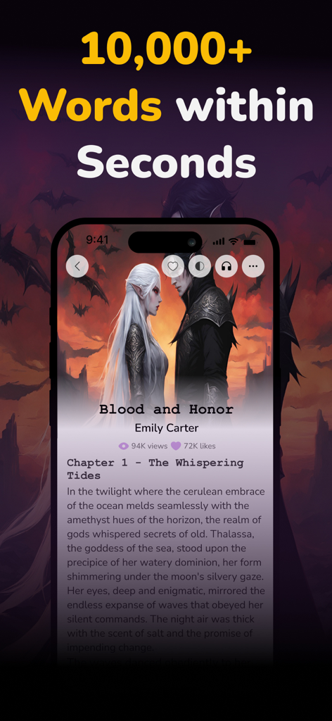 StoryNow AI app interface displaying a fantasy story titled Blood and Honor with a headline promising over ten thousand words generated in seconds.