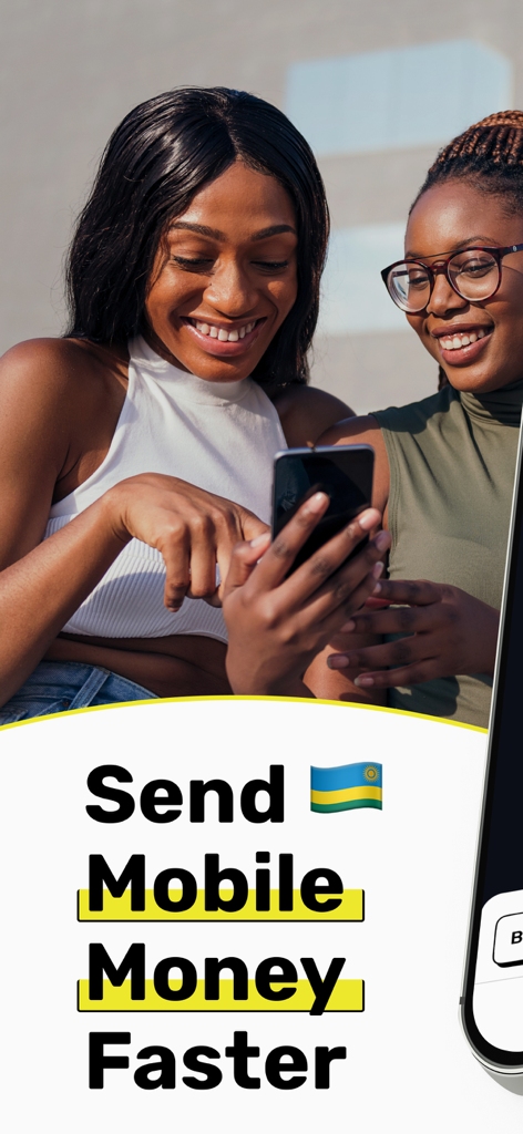 Faranga – Fast Mobile Money - Two women smiling while using a smartphone with the text Send Mobile Money Faster and the Rwandan flag