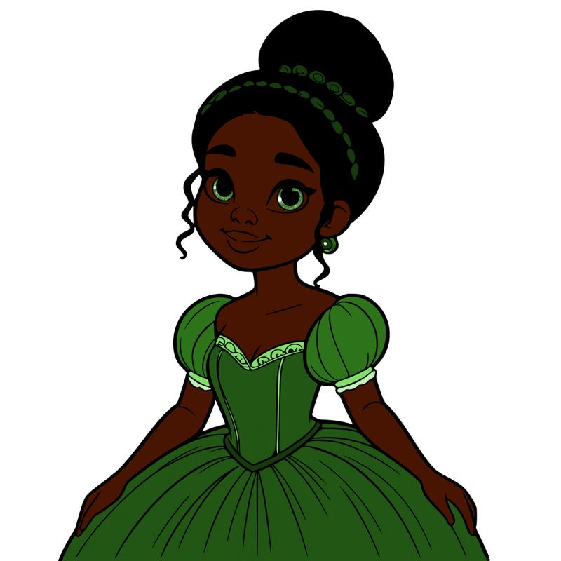 a single african american woman with a bun and a realistic fairy tale dress