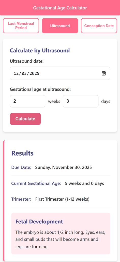 Gestational Age Calculator App - Interface of a gestational age calculator showing due date results and fetal development milestones based on ultrasound data.