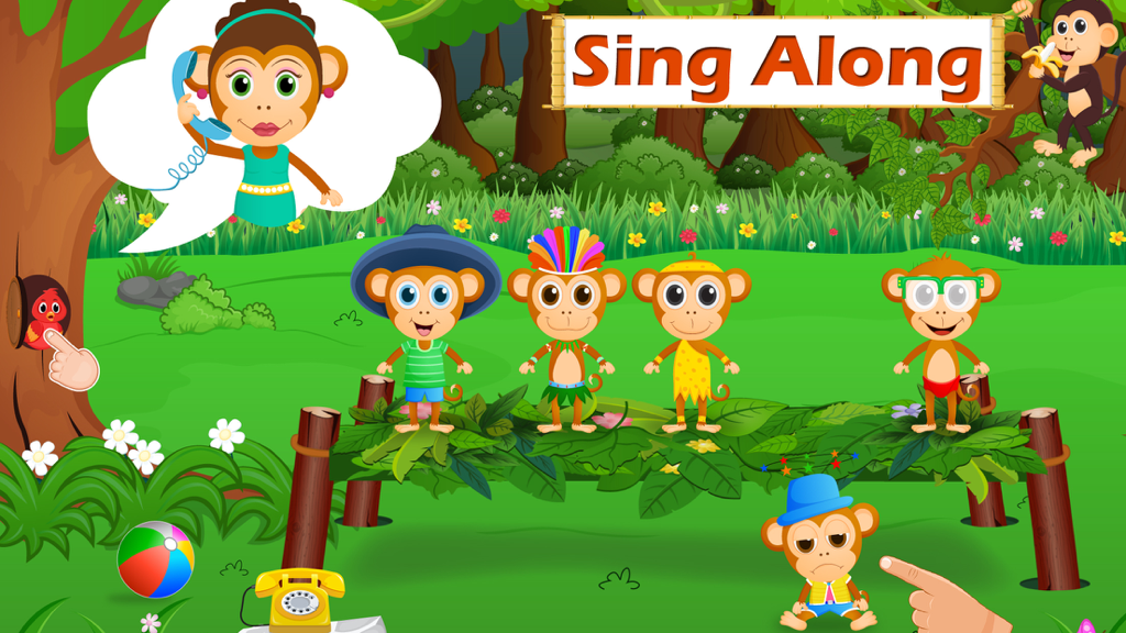Five Little Monkeys Jumping - Interactive sing along screen featuring cartoon monkeys in a jungle setting