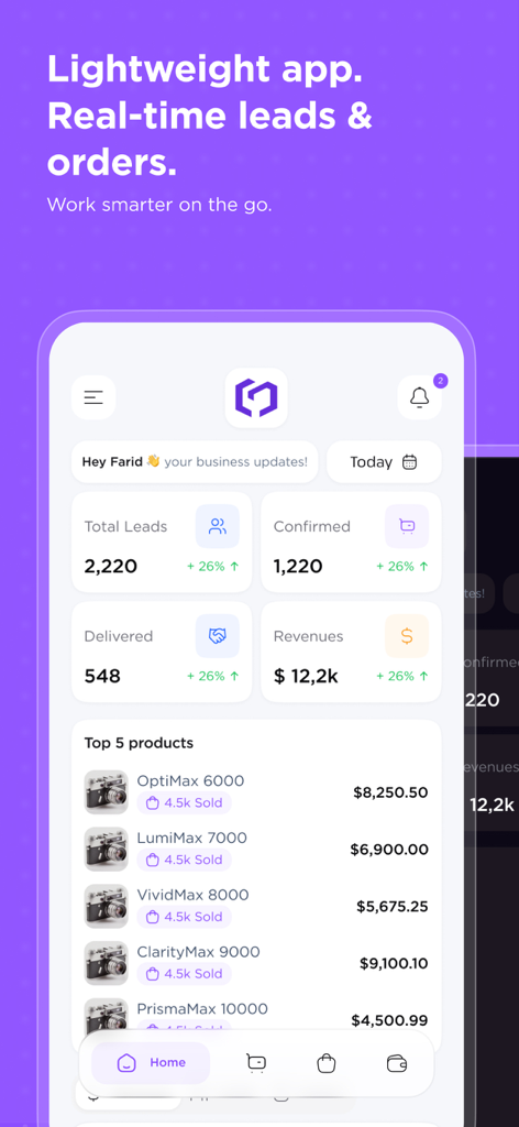 COD Partner - COD Partner mobile app dashboard showing real-time leads, confirmed orders, and revenue analytics for e-commerce sellers.