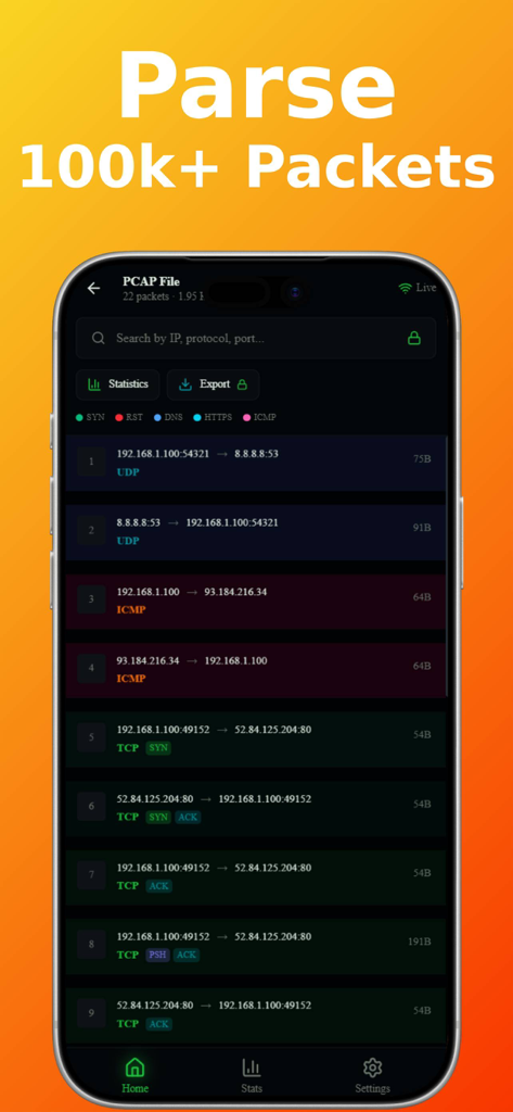 PCAP File Viewer · Reader - Interface of PCAP File Viewer showing a detailed list of network packets with IP addresses and protocols