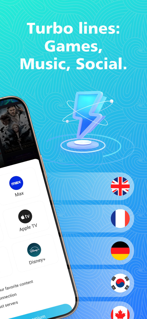 Secure VPN App-Oberfläche, die Turbo-Leitungen für Streaming und soziale Medien mit globalen Serverstandorten zeigt