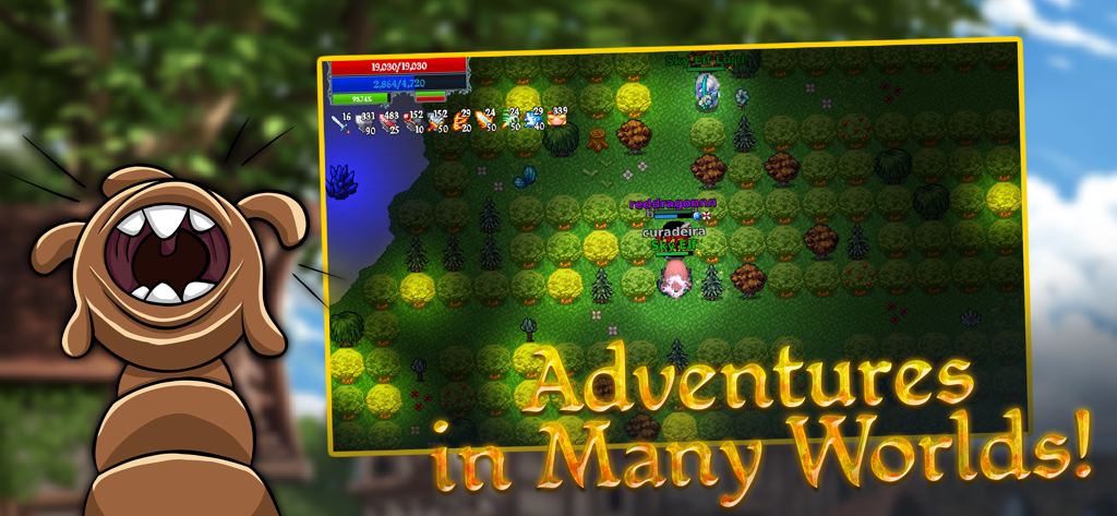 Kakele Online - MMORPG - Kakele Onlineの2Dピクセルアートゲームプレイ画面、キャラクターが森を探索している様子が表示され、「多くの世界での冒険」というテキストが表示されています