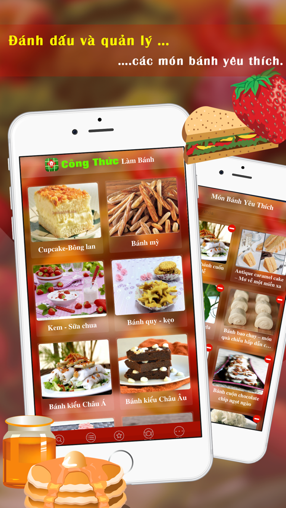 Công Thức Làm Bánh - Mobile app interface in Vietnamese showing baking categories like cupcakes, bread, and ice cream with a favorites list