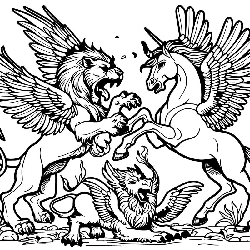 manticore fighting a griffin and pegasus