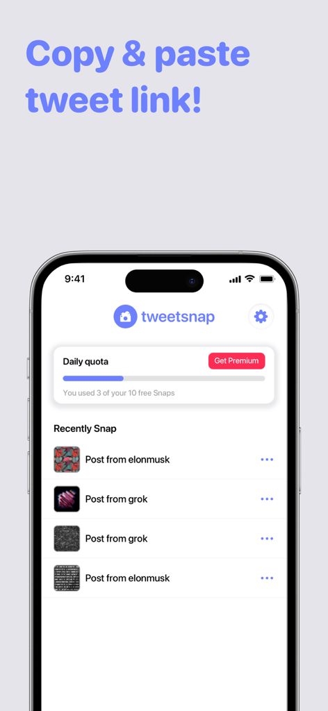 Smartphone screen showing the tweetsnap app interface for converting tweet links into visuals.