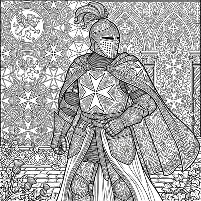 Unleash your creativity with this magnificent Knights Hospitaller coloring page, designed specifically for adults. Dive into a world of medieval chivalry and intricate patterns, perfect for mindful relaxation.