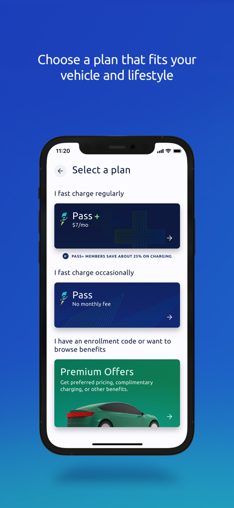 Electrify America - Interfaz de la aplicación Electrify America que muestra opciones de planes de membresía, incluidos los niveles Pass Plus y Pass