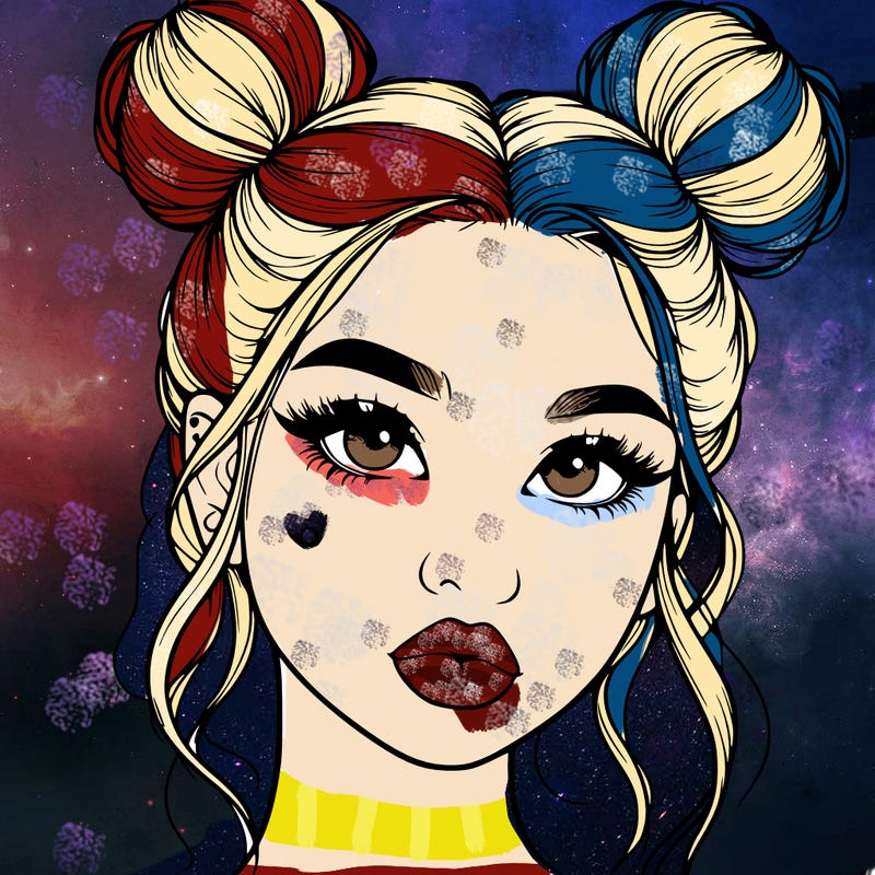 realistic girl with two buns on her hair and lips