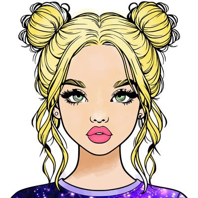 realistic girl with two buns in hair and lips