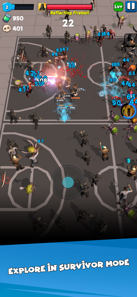 Idle Zombie Wave: Survival TD - Action-packed gameplay showing survivors battling a zombie horde on a basketball court