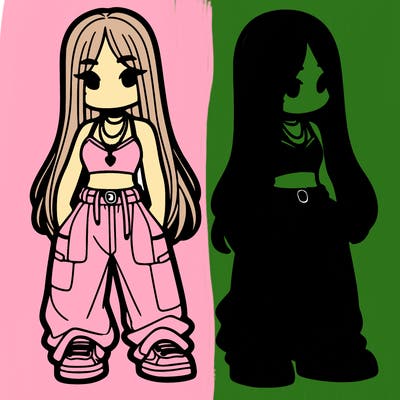 girl in baggy pants crop top and long hair