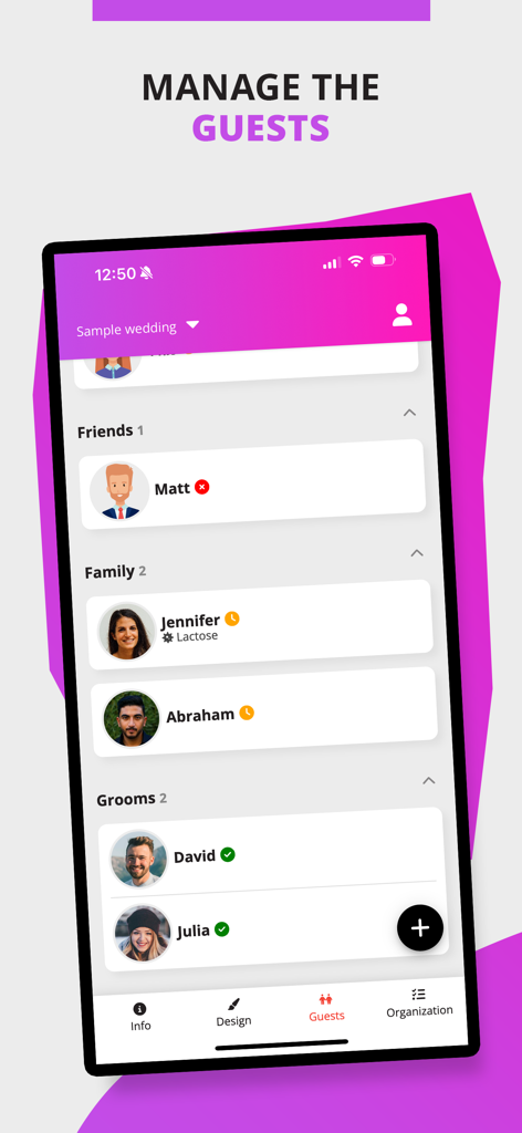 Eventia - Digital Invitations - Interfaz de la aplicación móvil Eventia mostrando una lista de invitados digital con estado de confirmación y preferencias dietéticas