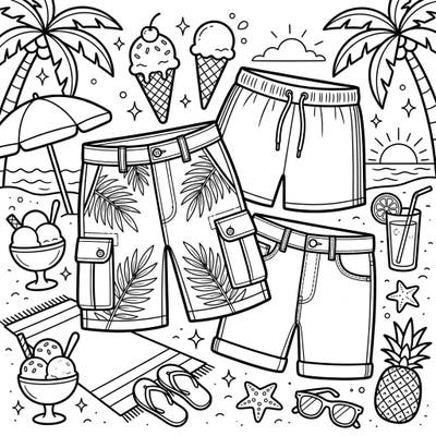Get ready for summer with this exciting coloring page featuring a variety of men's shorts and essential beach items. Enjoy bringing to life a vibrant scene filled with ice cream, palm trees, and ocean views.