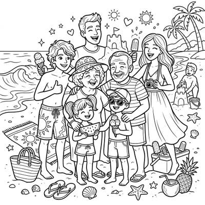Gather your loved ones for a delightful coloring journey with this happy family portrait set against a vibrant summer beach. Capture the warmth of intergenerational bonds and the joy of a perfect vacation day.