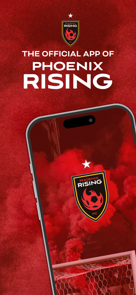 Phoenix Rising FC - Official Phoenix Rising FC mobile app home screen with team logo and red smoke