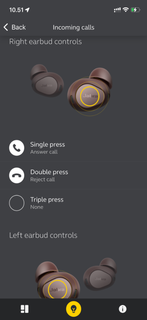 Jabra Sound plus app screen showing customization options for right and left earbud button controls during incoming calls